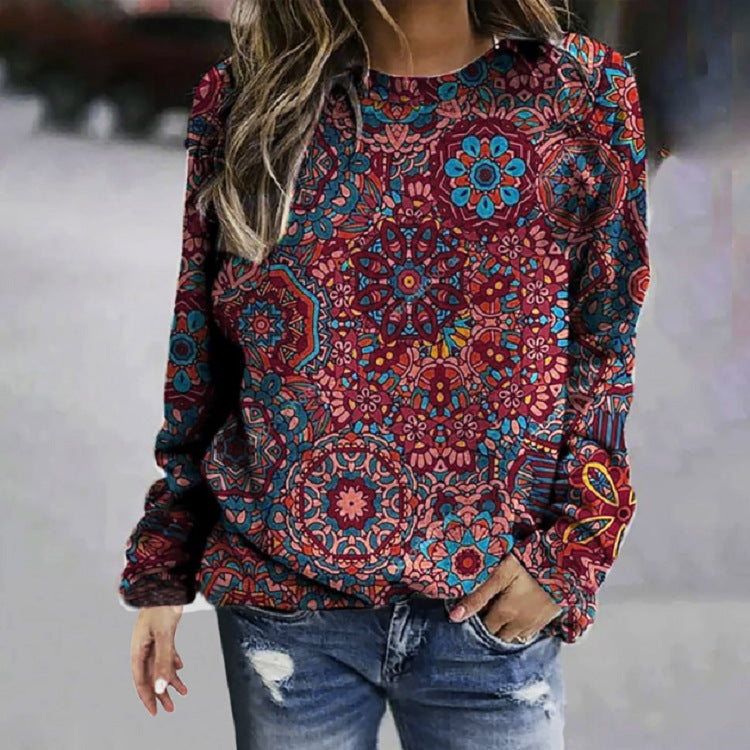 Printed Round Neckline Color Block Casual Loose Sweater