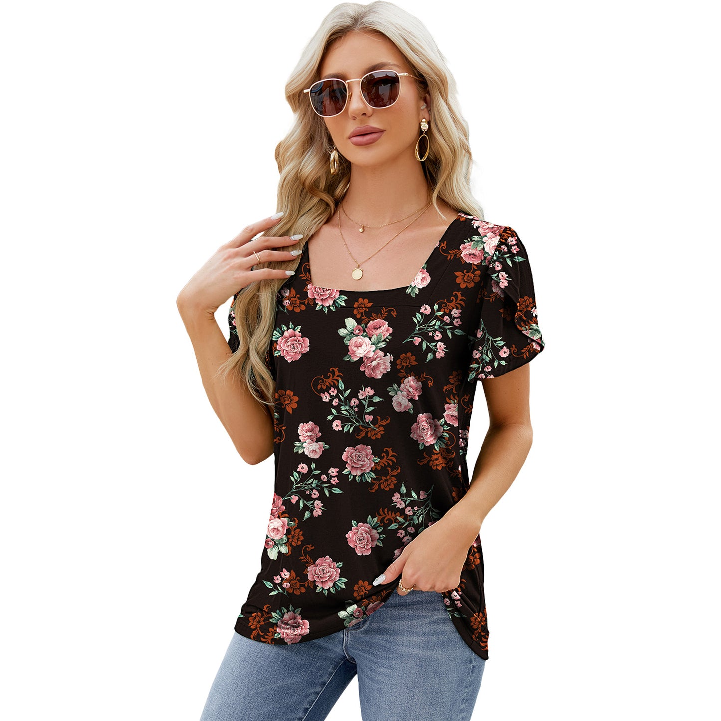 Summer Top Fashion Square Neck Printed Short-sleeved T-shirt