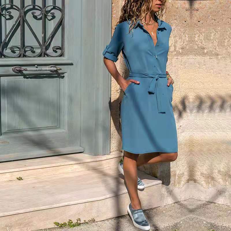 Lapel Collar Solid Color Three-Quarter Sleeve Dress