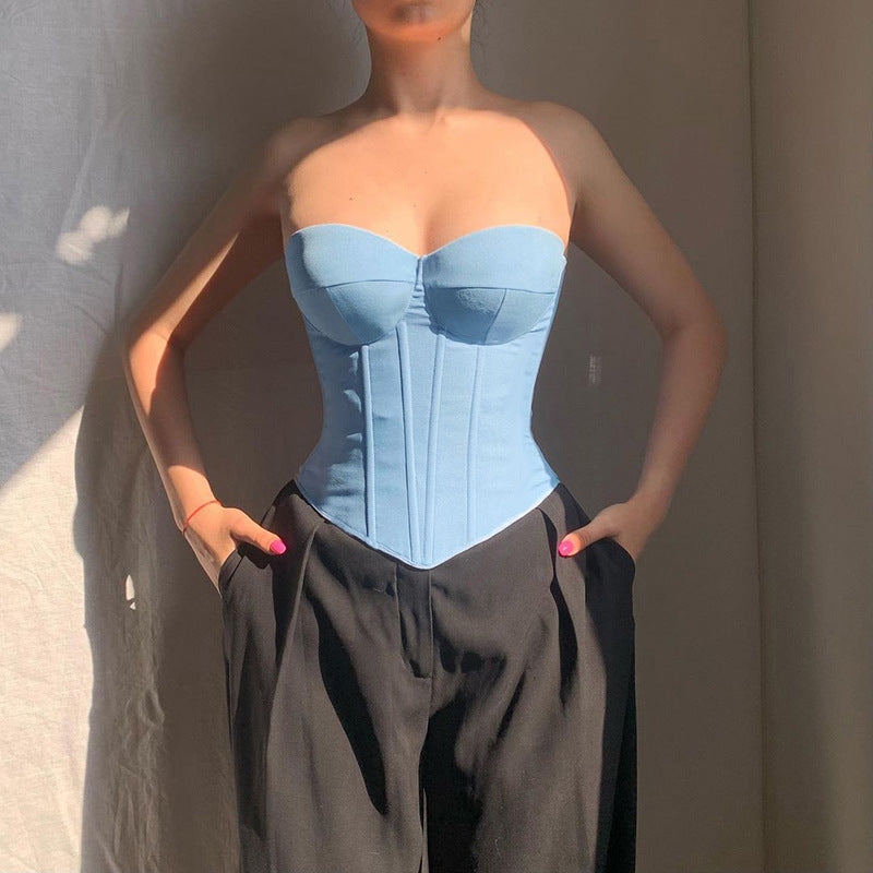 Y2K Denim Tube Vest Top With Back-tied Design