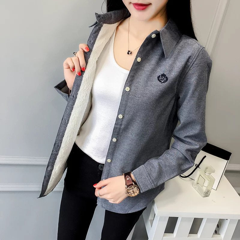 New student embroidery plus velvet shirt women long-sleeved