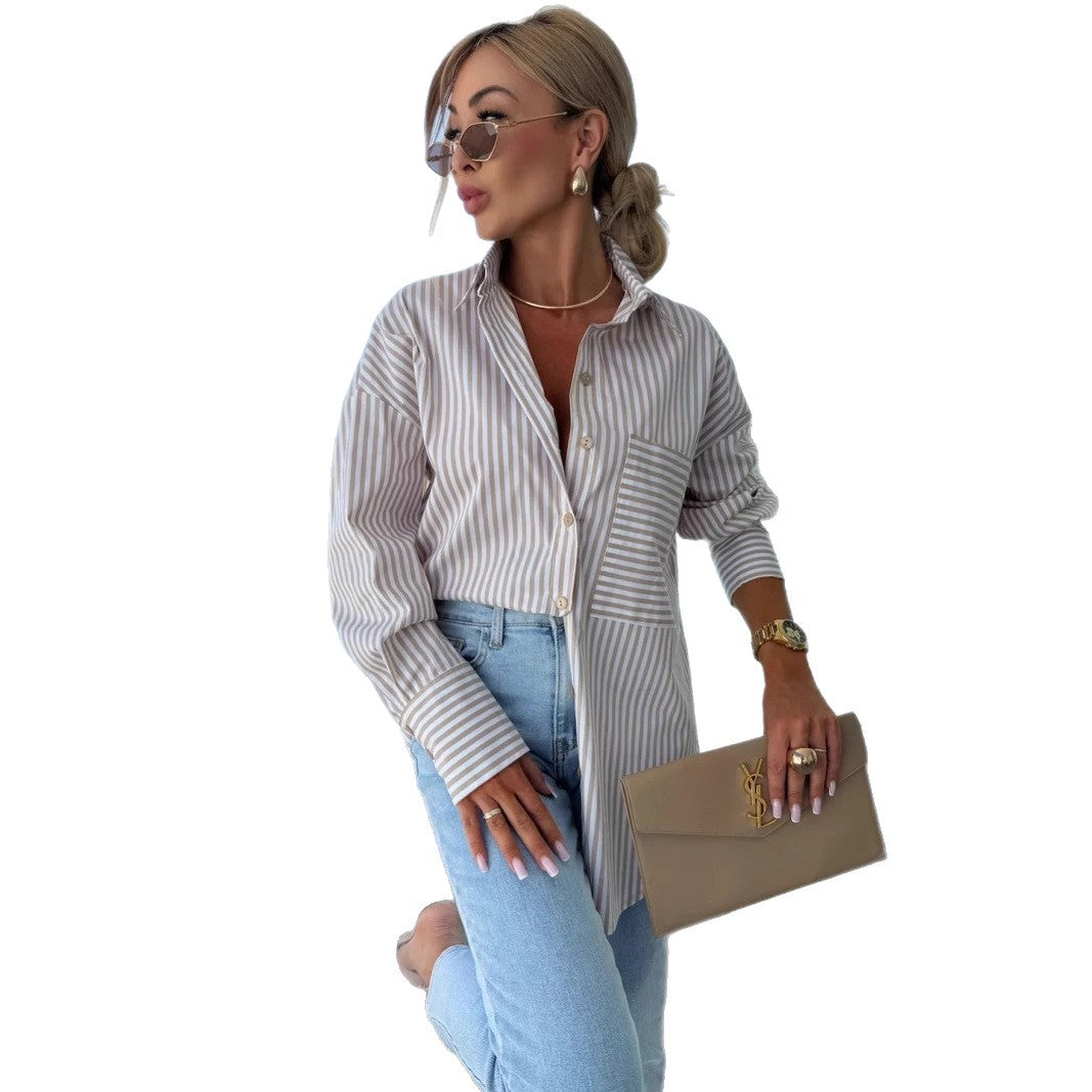 Spring Summer Long Sleeve Lapel Shirt Striped Print Lapel Shirt