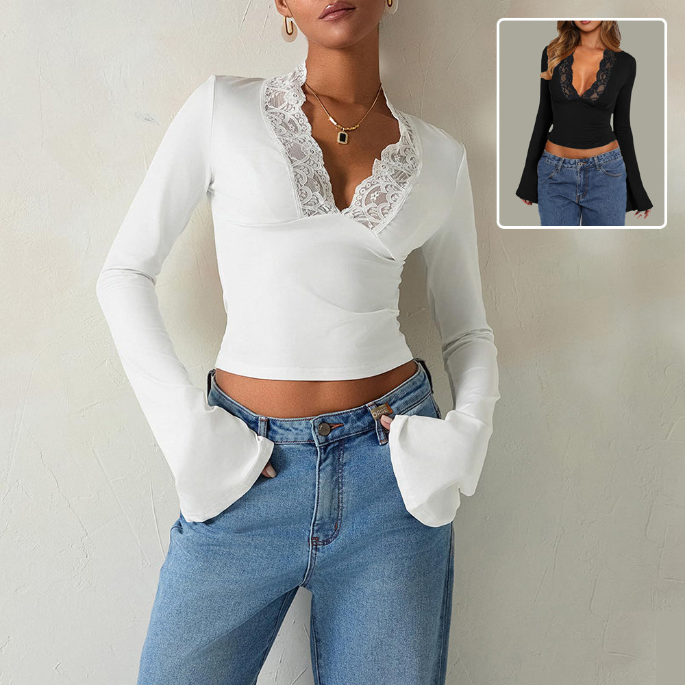 Slim V-neck Lace T-Shirt Ins Fashion Trumpet Clothing