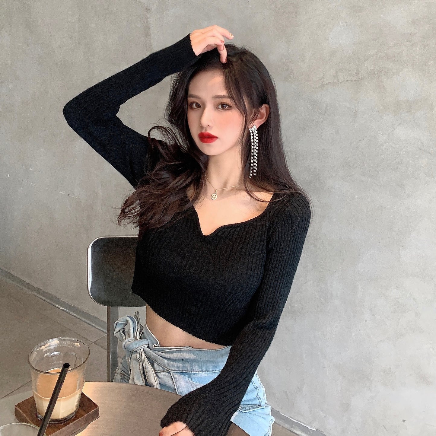 Knitted Bottoming Shirt All-Match Slimming Short Crop Top Women