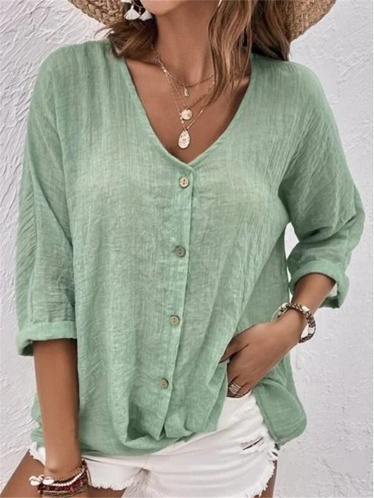 V-neck Long-sleeved T-shirt Fashion Solid Color