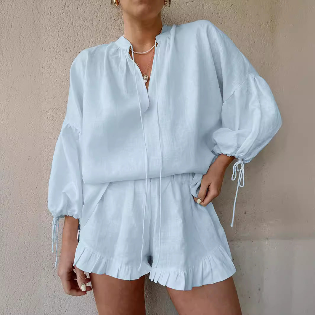 Lace-up Suits Loose V-neck Lantern Sleeve Top And Ruffles