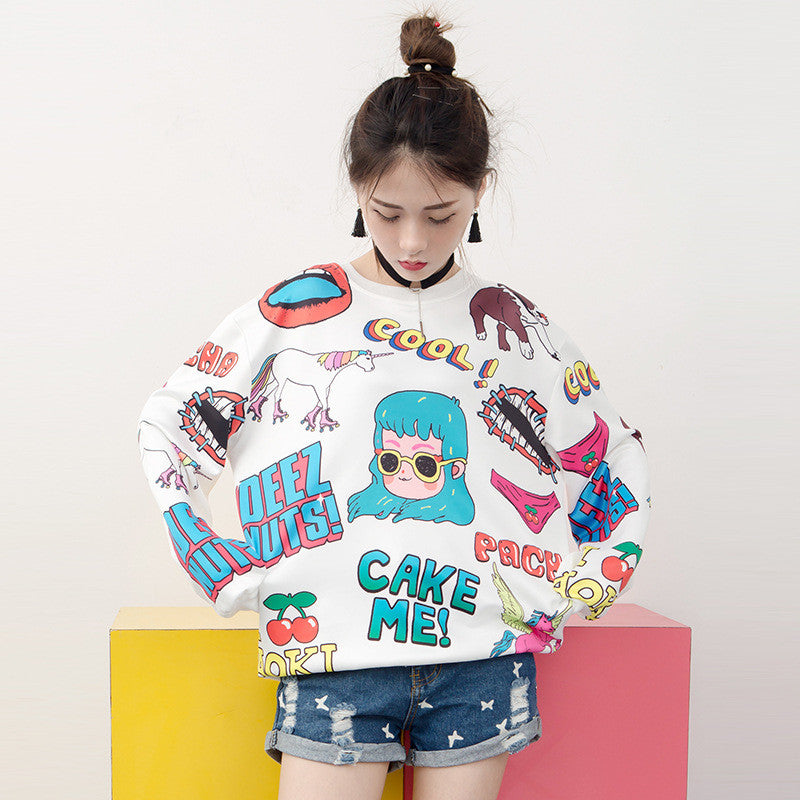 Harajuku Style Full Letter Polyester Loose Long-Sleeved Round Neck Sweater