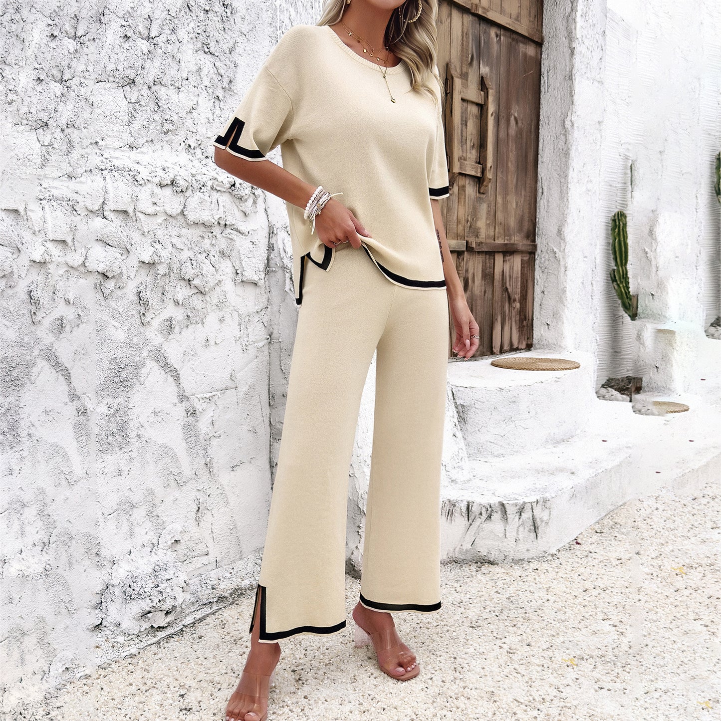 2Pcs Black Striped Knitted Suit Summer Casual Temperament