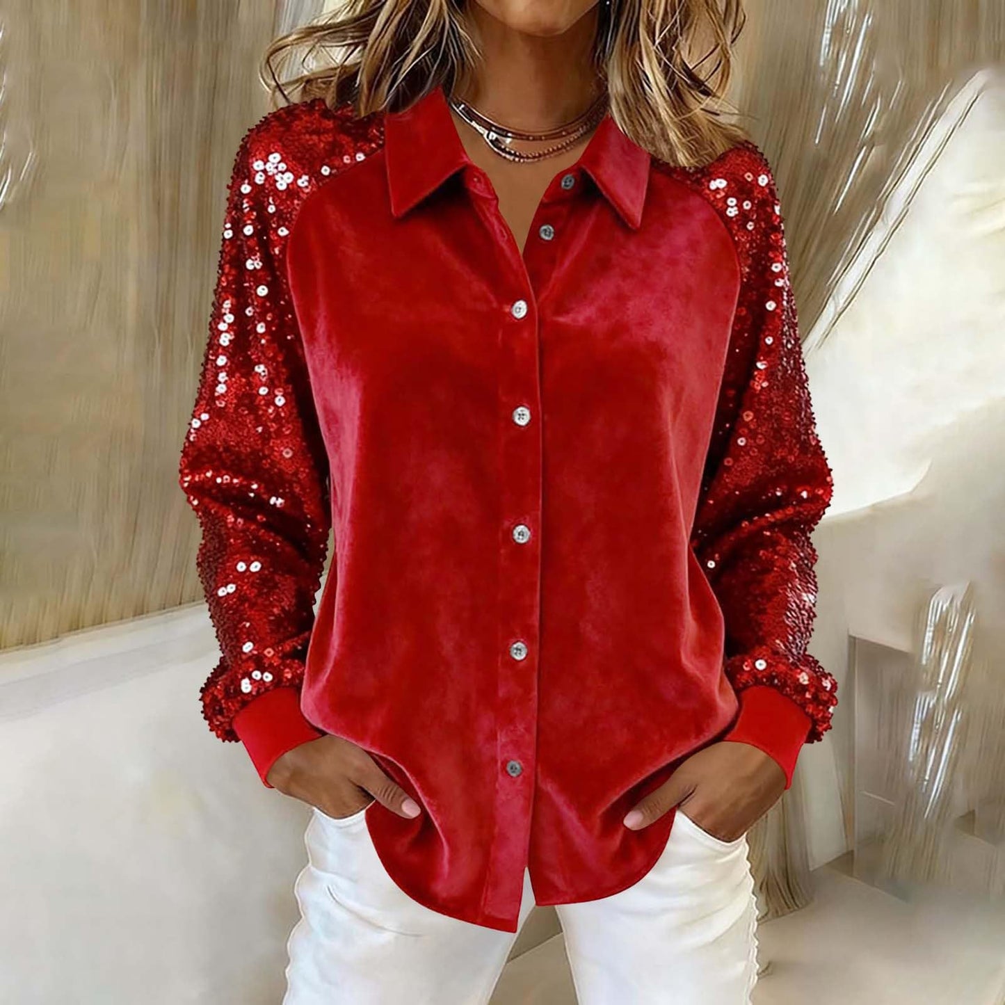 Women's Fashion Sequins Long Sleeve Blouses  Turn-down Collar