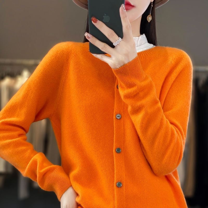 Fashion Merino Wool Cardigan Sweater Women O-Neck