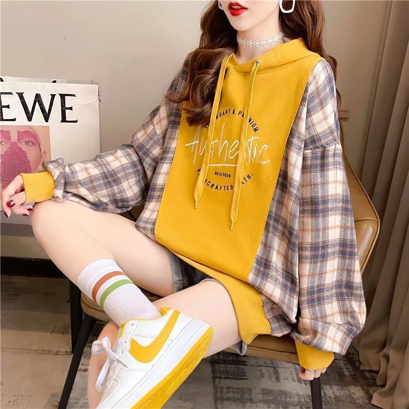 Women's Loose Plaid Stitching Hooded Sweatshirt