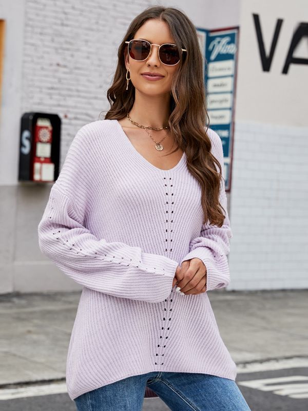 Long Sleeve Sweater With Pocket Solid Color V-neck Pullover