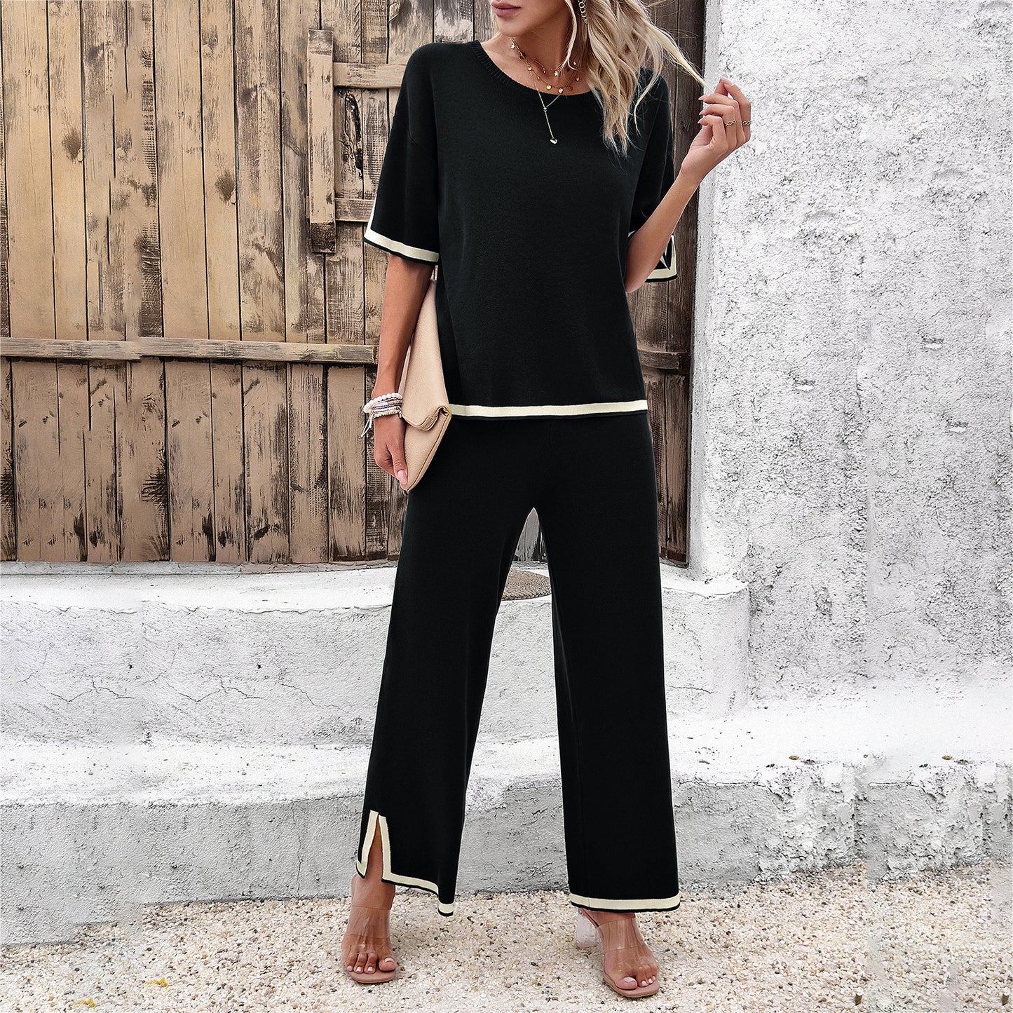 2Pcs Black Striped Knitted Suit Summer Casual Temperament