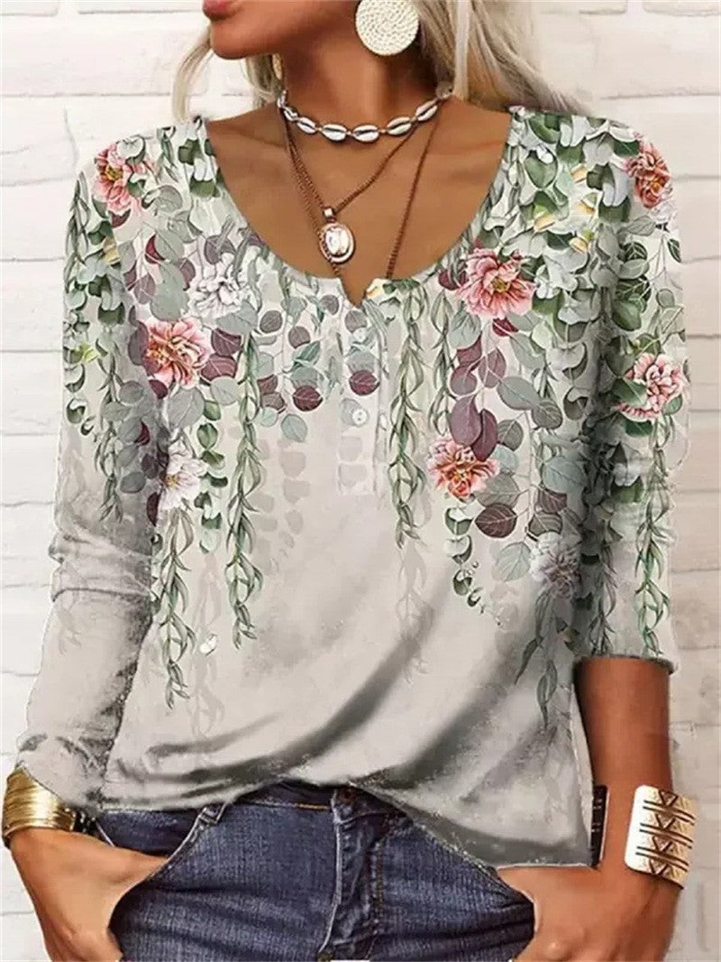 Women's Loose Long-sleeved Geometric Floral U-neck Button T-shirt