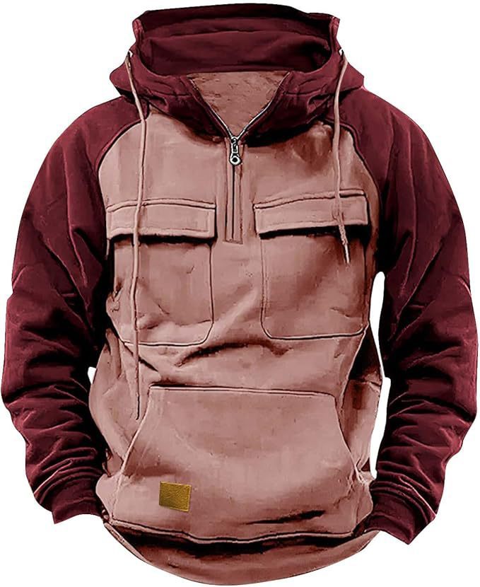 Fall Winter Retro Cargo Hoodies Men's Half Zipper Hooded