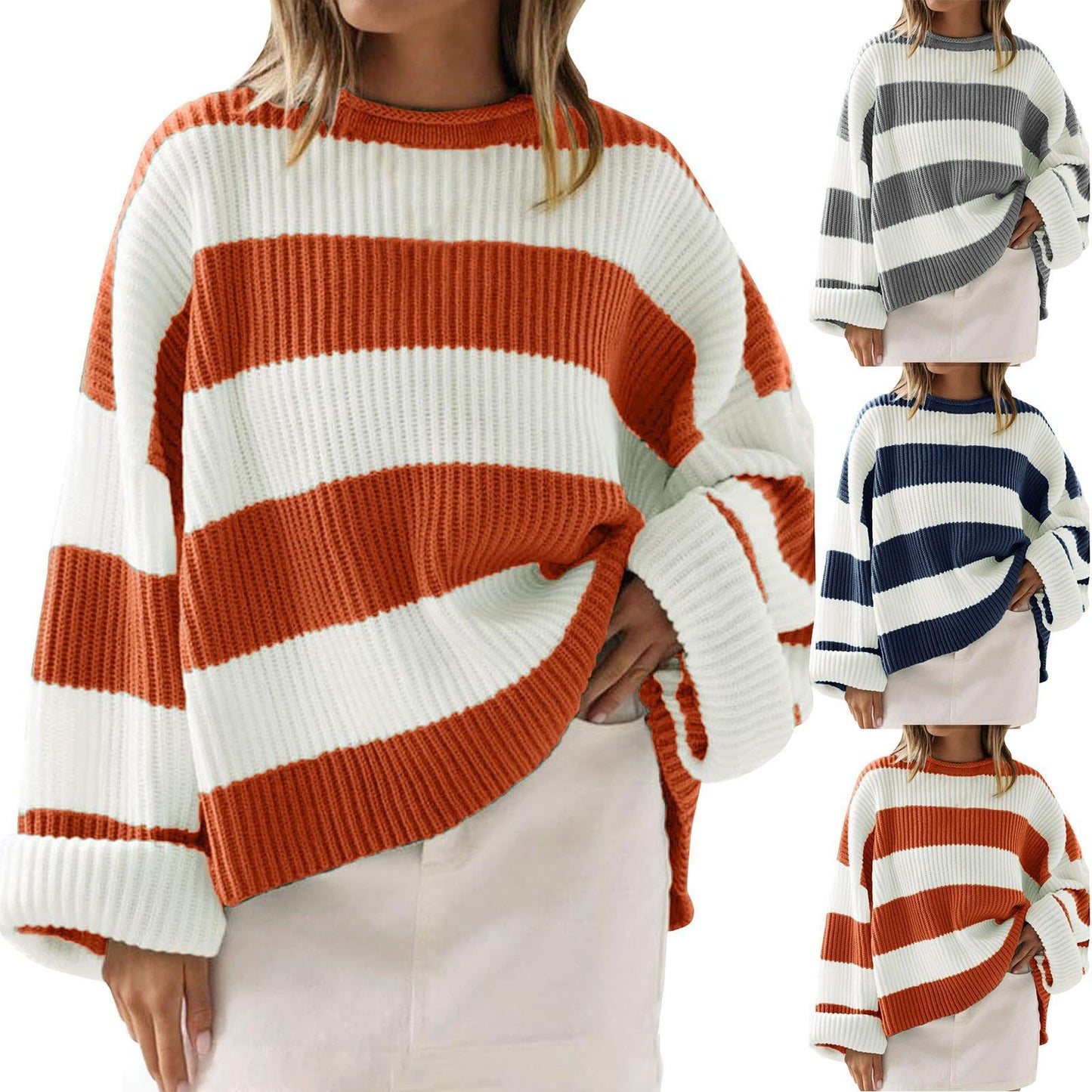 Loose Striped Sweater Fashion Casual Long Batwing Sleeve