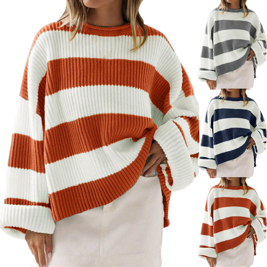 Loose Striped Sweater Fashion Casual Long Batwing Sleeve