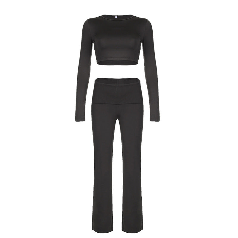 Sports Solid Color Round Neck Short Top Bootcut Trousers