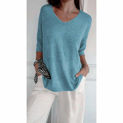 Solid Long Sleeve Sweater Slimming V-neckline Knitwear