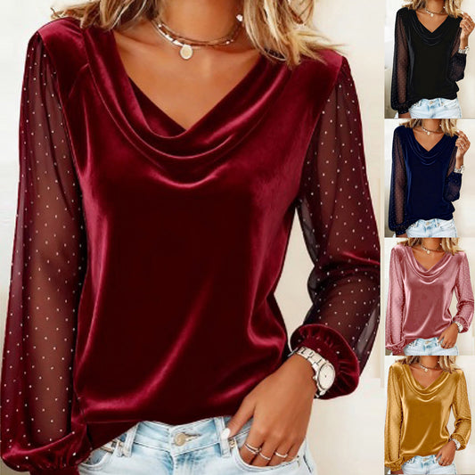Women's Long Sleeve V-neck Velvet T-Shirt Women Elegant