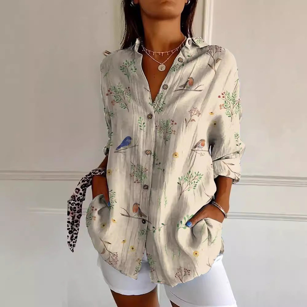 Flowers Print Long Sleeve Shirt Fashion Stand Collar