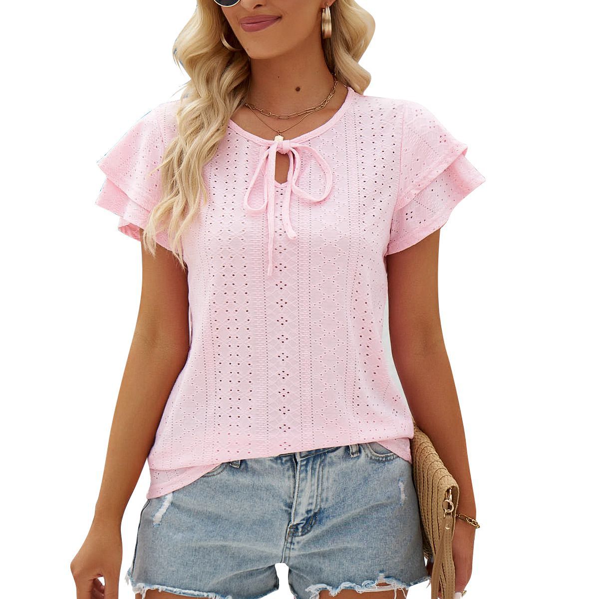 Women's Hole Hollow-out Lace-up Double-layer Sleeve Top