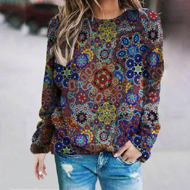 Printed Round Neckline Color Block Casual Loose Sweater