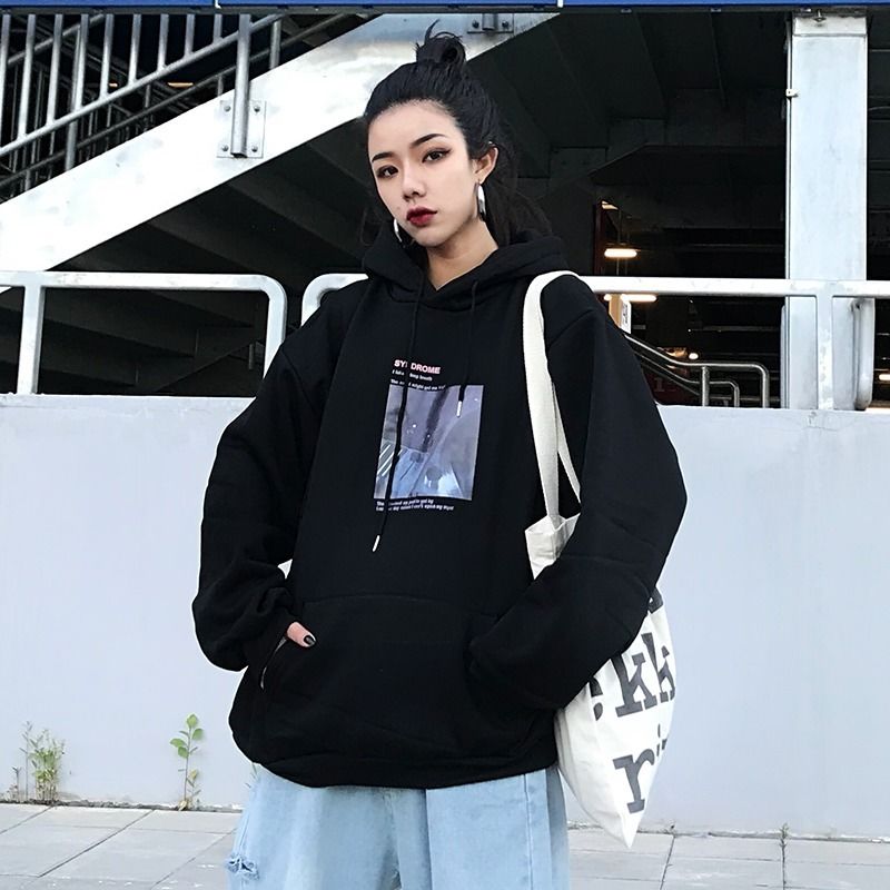 Hooded Sweater Women Long-Sleeved Harajuku Style Student Black Pullover Coat