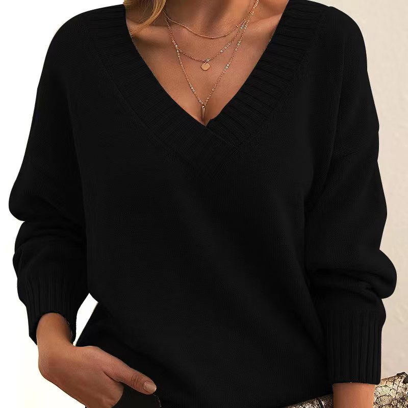 Solid V-neck Sweater Fashion Loose Long-sleeved Knitted