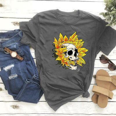 Skull Sunflower Print Short Sleeve Women