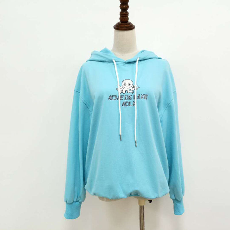 Cotton Sky Blue Octopus Print Hooded Pullover Loose Top