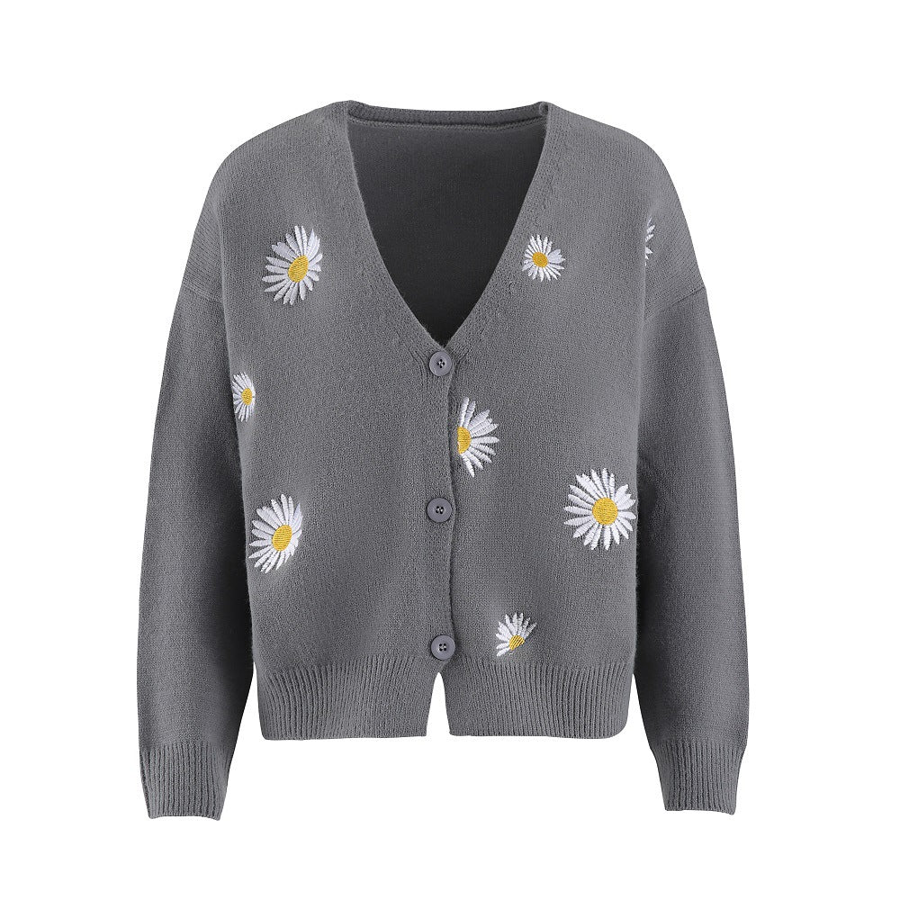 Women's Single Breasted Sweater Chrysanthemum Embroidered