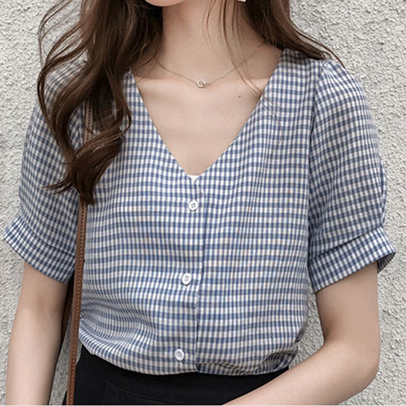 V-neck Plaid Shirt Blouse