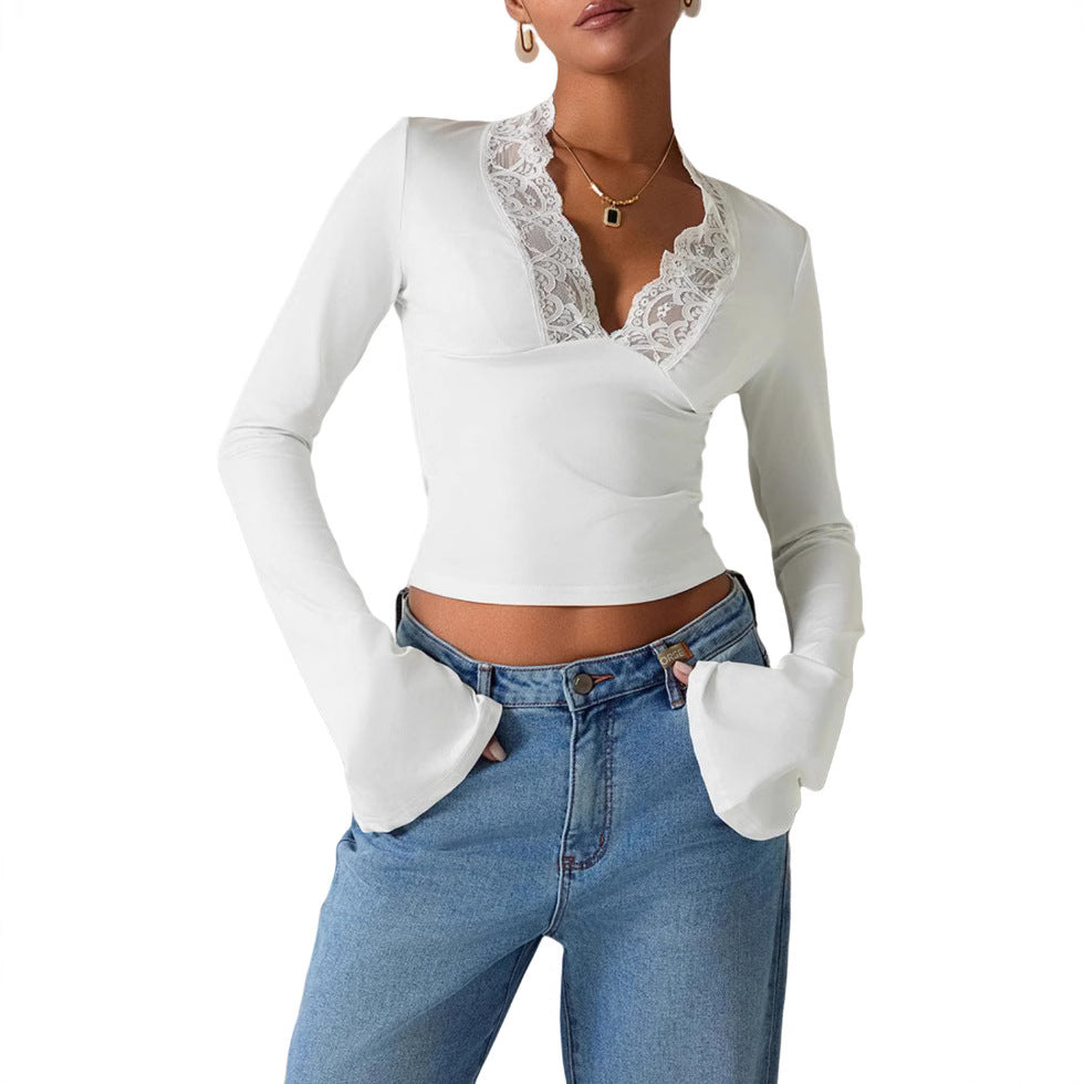 Slim V-neck Lace T-Shirt Ins Fashion Trumpet Clothing