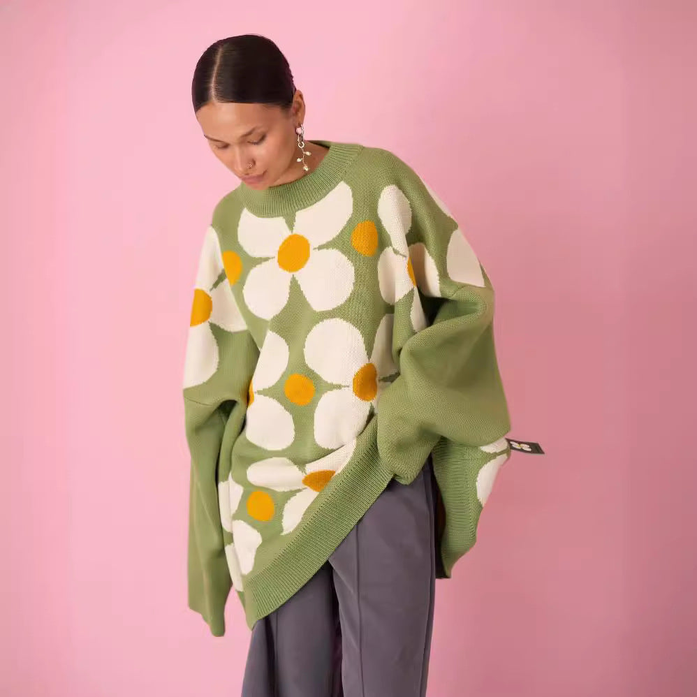 Flower Yarn-dyed Sweater Women's Round Neck Pullover