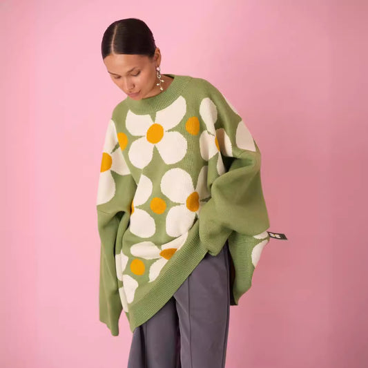 Flower Yarn-dyed Sweater Women's Round Neck Pullover