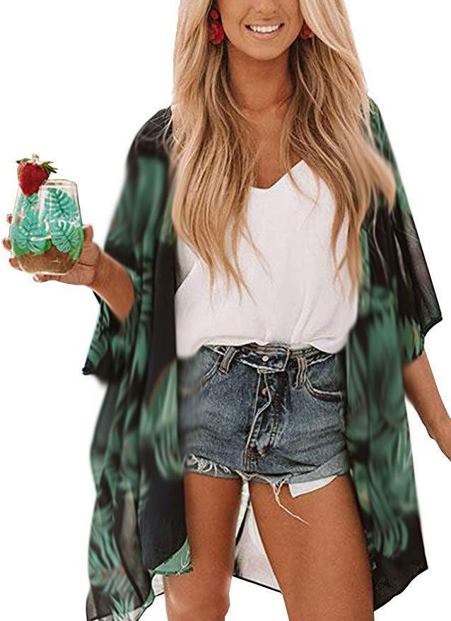 Beach blouse women's green leaf Chiffon