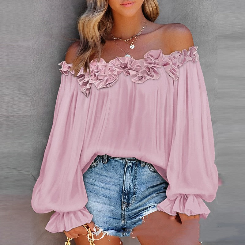 Casual Blouses Shoulder Off-Shoulder Long Sleeve Top Lotus