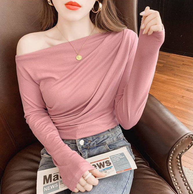 Pleated Collarbone Off-shoulder Shoulder-baring Top Slimming