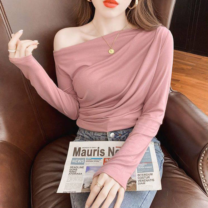 Pleated Collarbone Off-shoulder Shoulder-baring Top Slimming