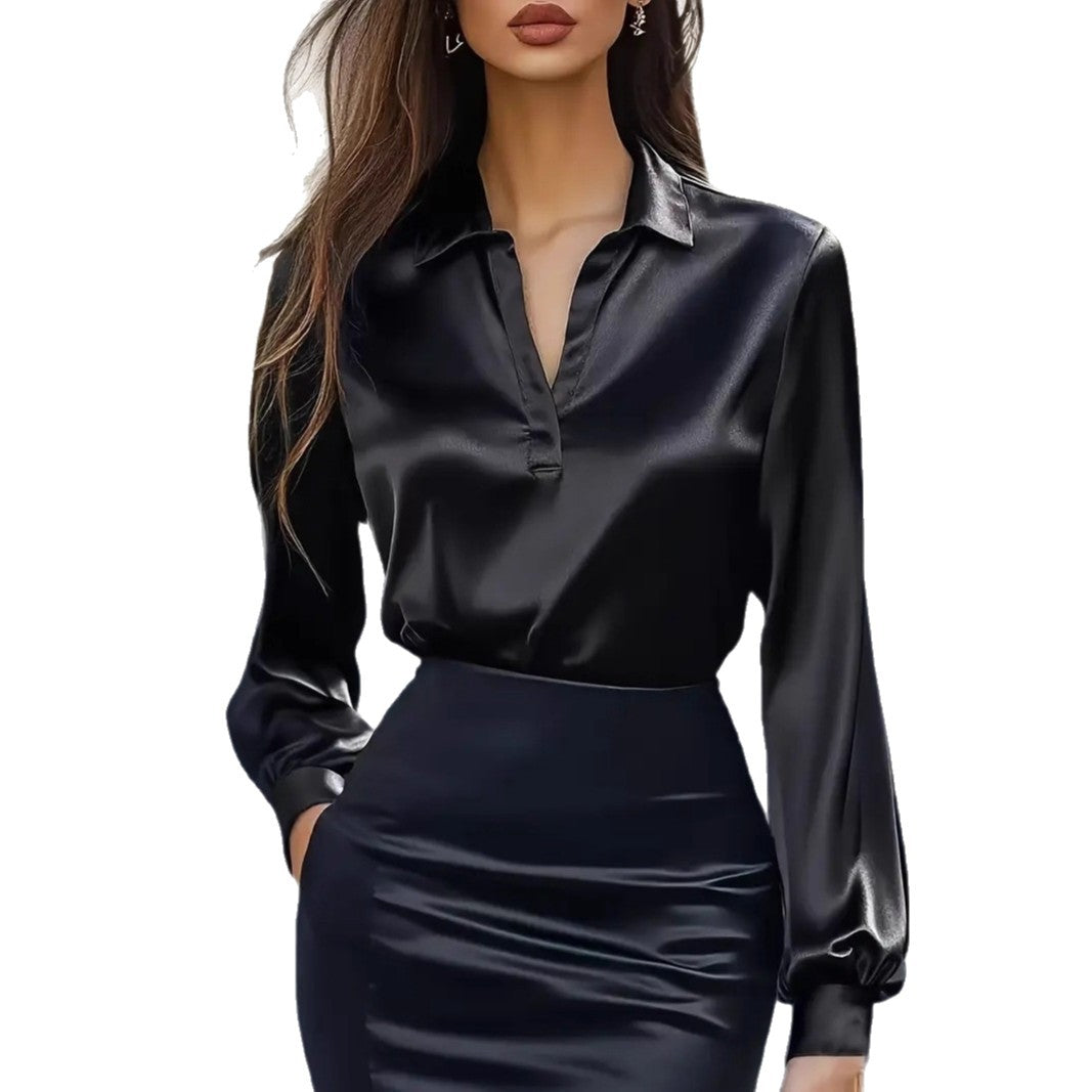Spring Autumn Fashion Commuting Satin V-neck Long-sleeved Shirt
