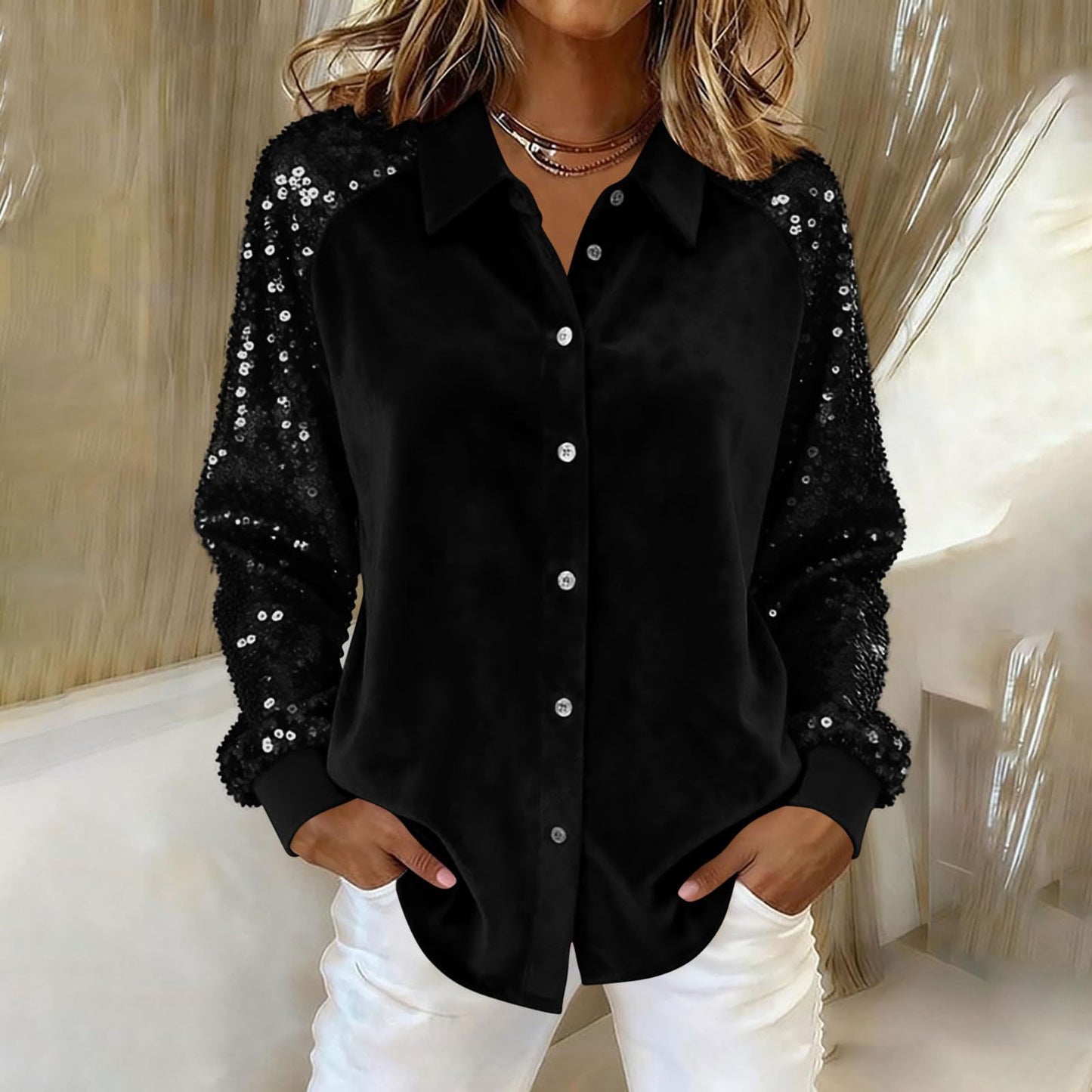 Women's Fashion Sequins Long Sleeve Blouses  Turn-down Collar