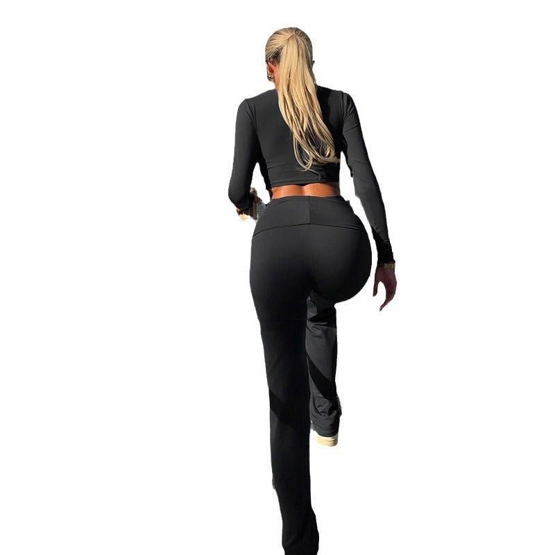 Sports Solid Color Round Neck Short Top Bootcut Trousers