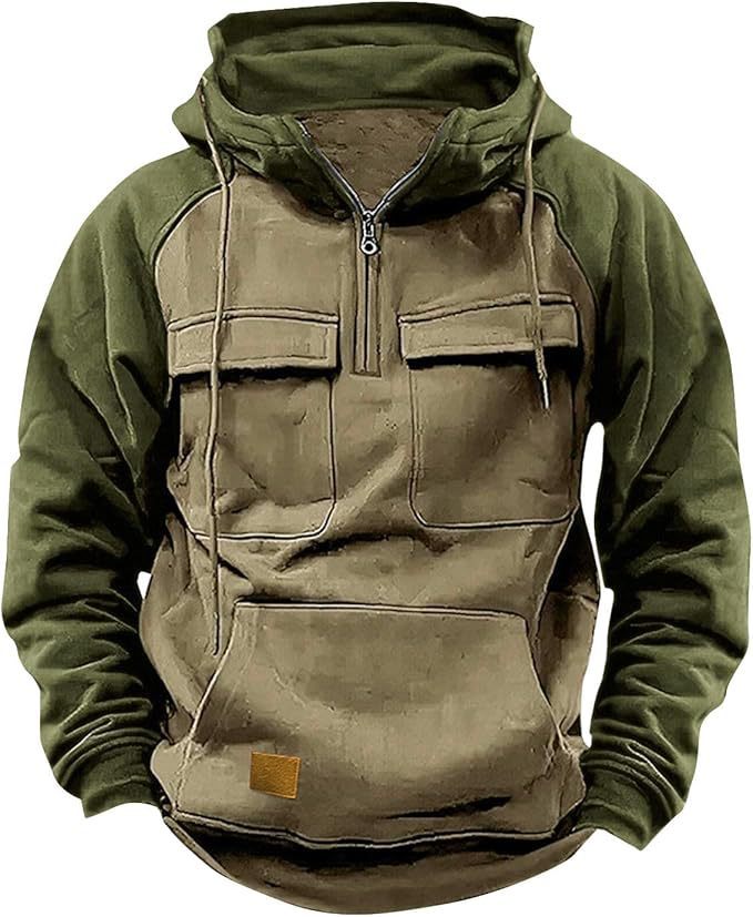 Fall Winter Retro Cargo Hoodies Men's Half Zipper Hooded