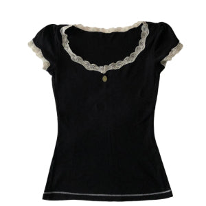 Comfortable Short Sleeve Lace T-shirt Casual All-match Short-sleeved Women