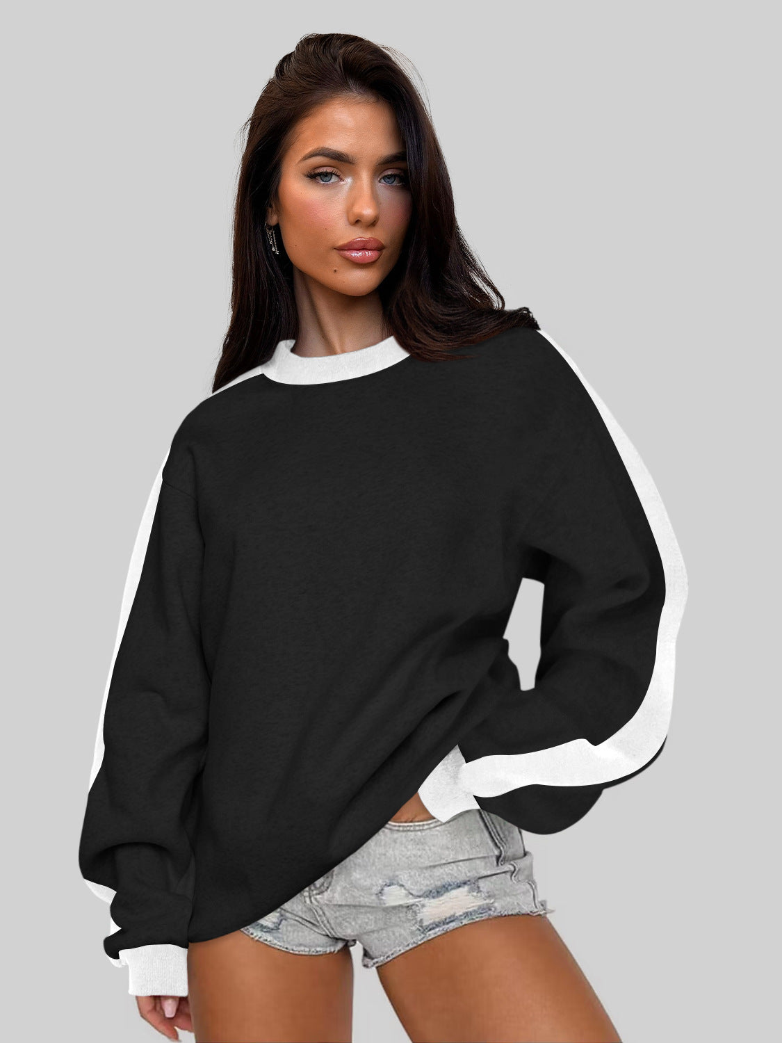 Women's Contrast Color Round Neck Loose Sweater