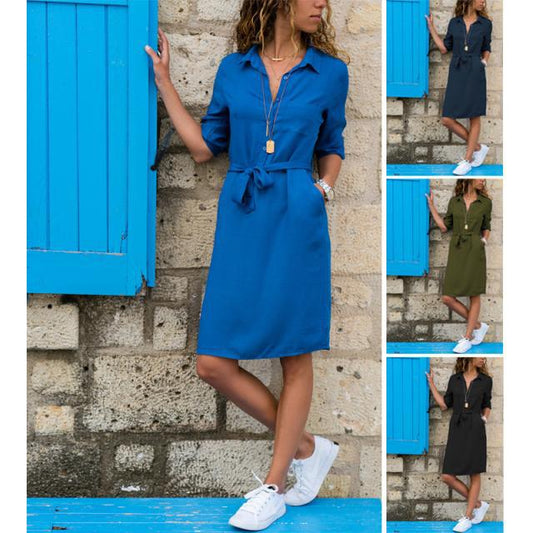 Lapel Collar Solid Color Three-Quarter Sleeve Dress