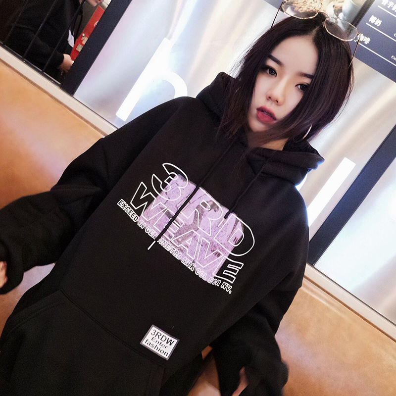 Hooded Sweater Women Long-Sleeved Harajuku Style Student Black Pullover Coat