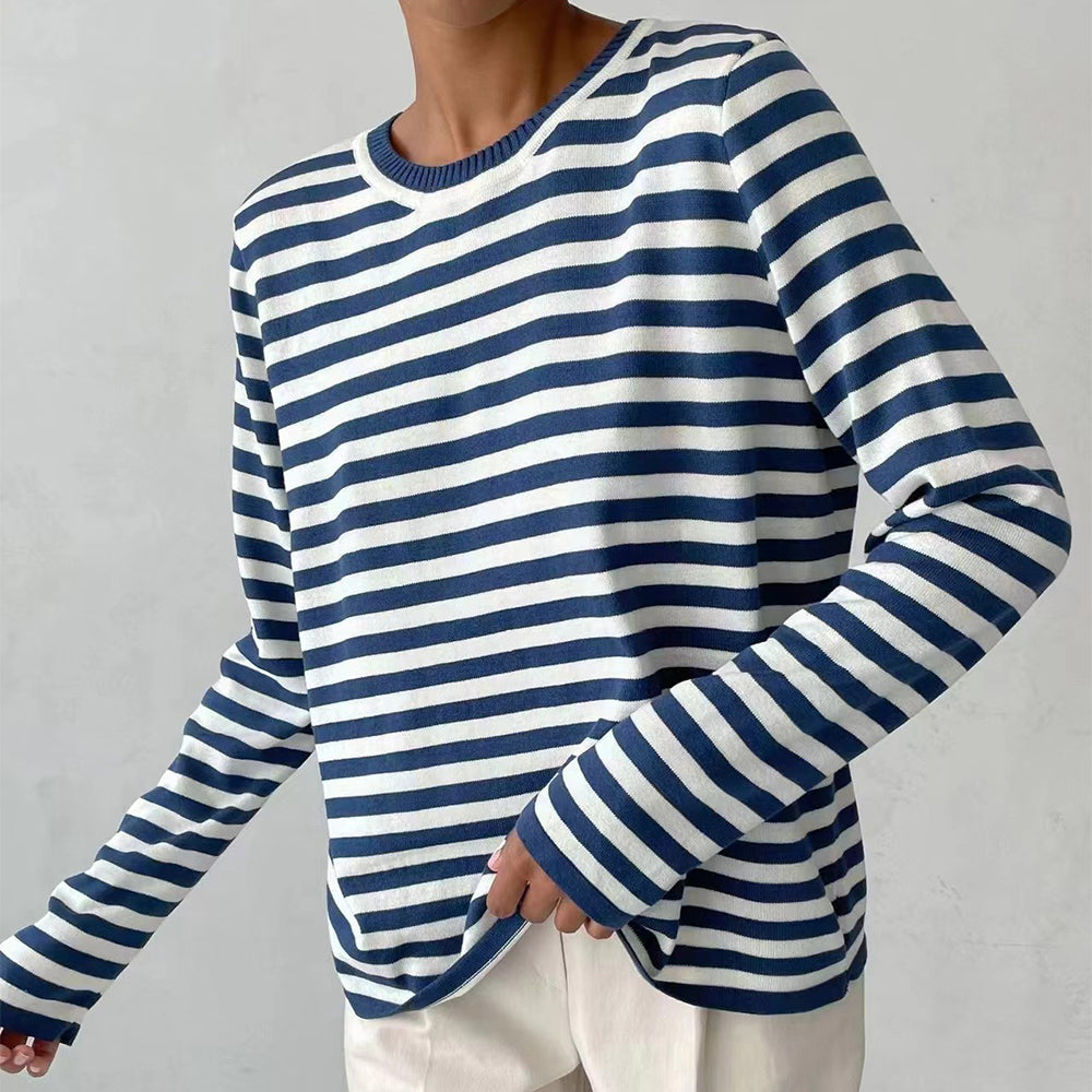 New Knitted Striped Long Sleeved Sweater Versatile Pullover