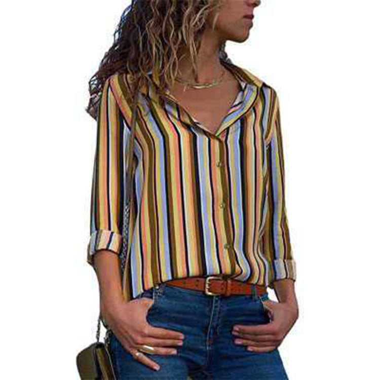 Striped Casual V-Neck Long Sleeve Chiffon Blouse Blouse